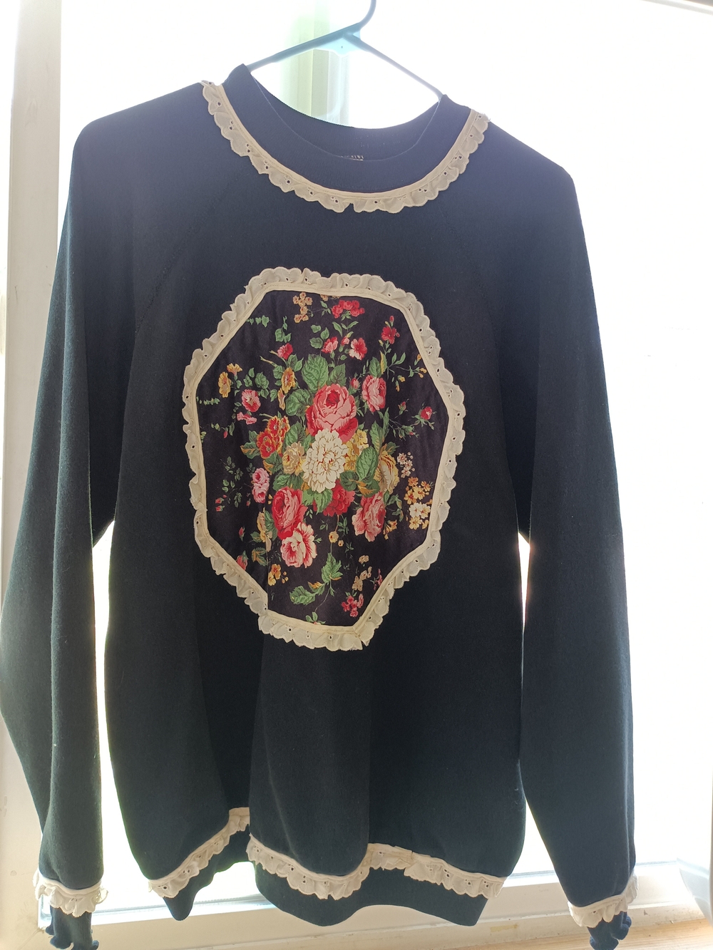 Black Floral Appliqué Sweater with Lace Trim